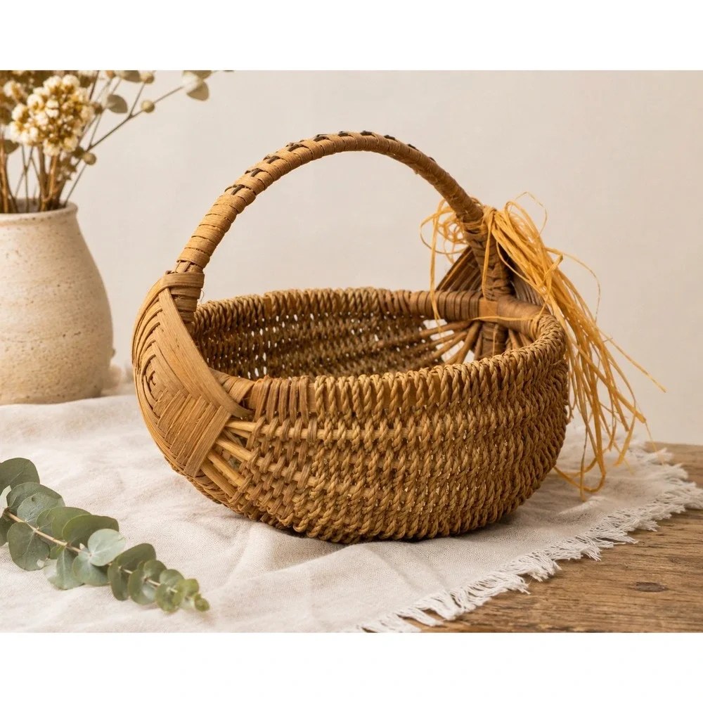 Vintage Handwoven Wicker Gathering Basket Rustic Cottage Farmhouse Decor Boho